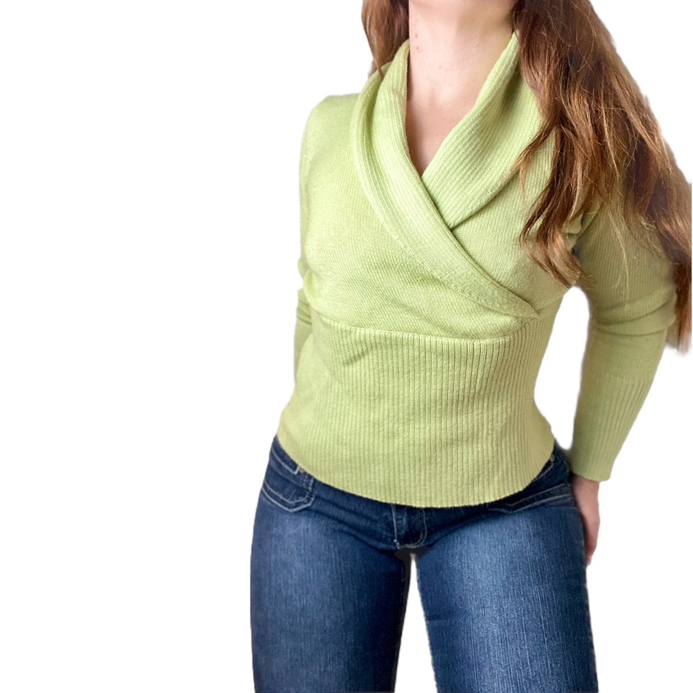 Casual Corner Light Green Wool Acrylic V Neck Wrap Style Long Sleeve Sweater L